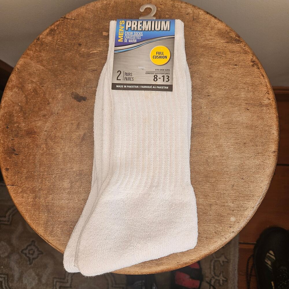 NWT! Greenbrier 2 Pack Men's Premium Crew Socks, White, Sz 8-13